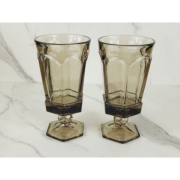 Fostoria Goblet Virginia Smokey Brown 10oz Ice Tea Water Glass Tall 7" Footed x2 - Picture 5 of 12